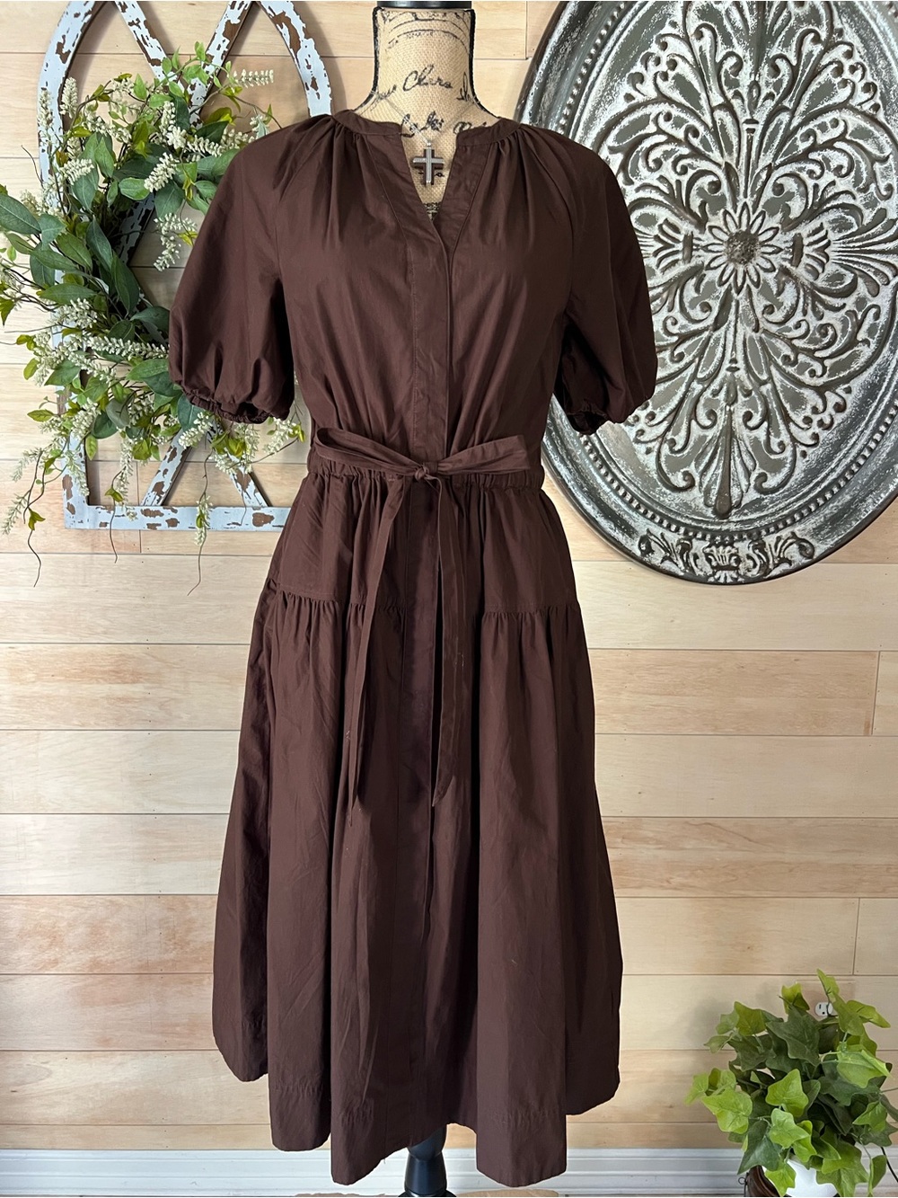Free Assembly Brown Puff-Sleeve Midi Dress with Waist Tie